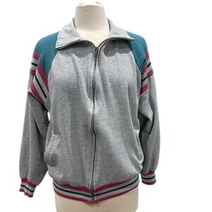 Vintage 90’s Color Block Stripe Zip Front Sweatshirt SZ M Grey Teal